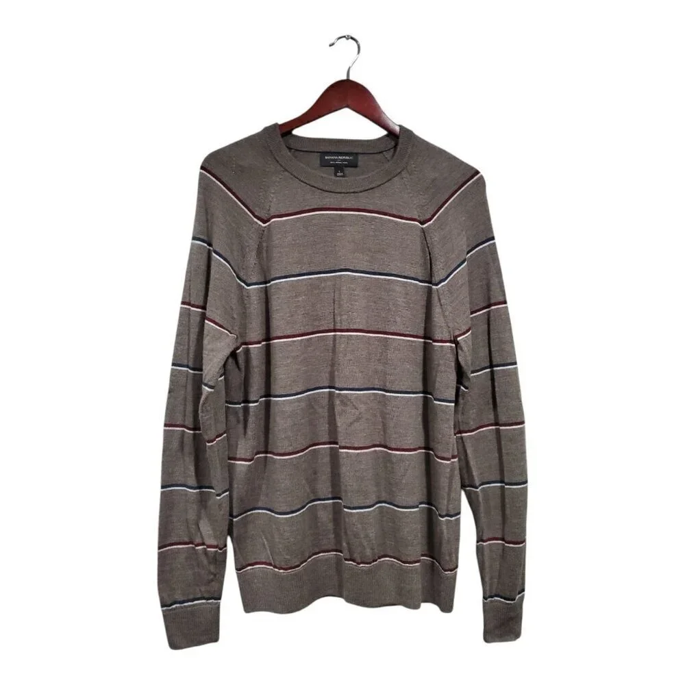 Banana Republic Mens Brown 100% Merino Wool Sweater Crew Neck Striped Sz L